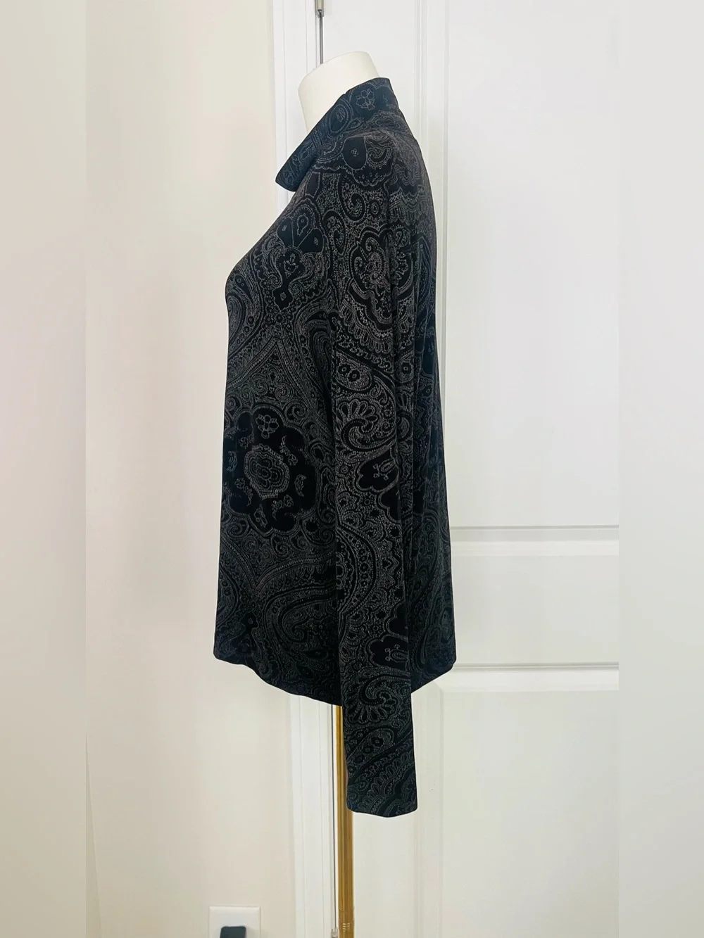 Chicos Travelers Top Sz 3~XL Black Brown Paisley Slinky Knit Career Turtleneck